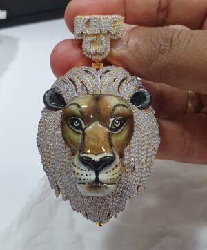 il_1588xN.4259472283_dp3r.jpg Iced Out 3D Lion Face Enamel Pendant Made in 10 KT Gold Embellished With Shinny Moissanite Diamonds For Birthday And Party Gift