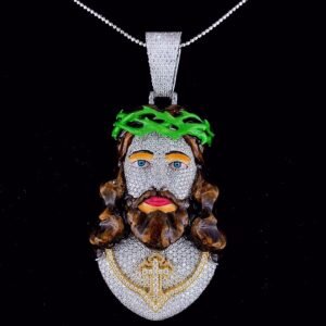 Iced Out Jesus Face Enamel Pendant Made in 925 Sterling Silver Embellished With Shinny Moissanite Diamonds For Religious And Memorial Gift