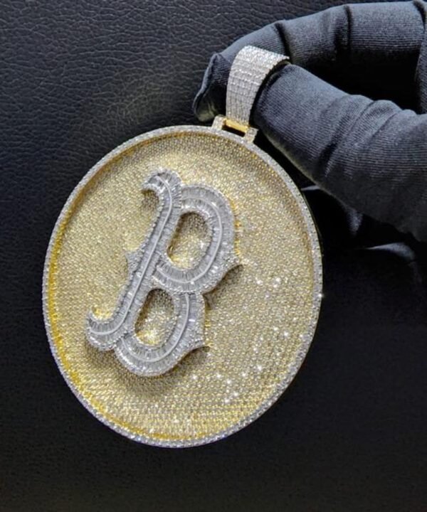 B Letter Circle Pendant Fully Iced out in Gold Studded with VVS Colorless Moissanite Stone, Customized Pendant ,Birthday / Anniversary Gift