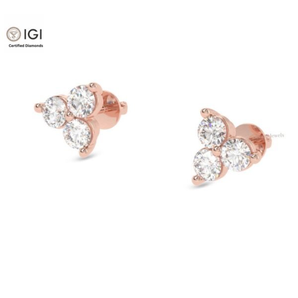 Three Stone Women's Screw Back Certified Earring in 18kt Gold Studded With VVS Lab Grown Diamond, Custom Earring, Trendy Jewelry, Gift, Sale