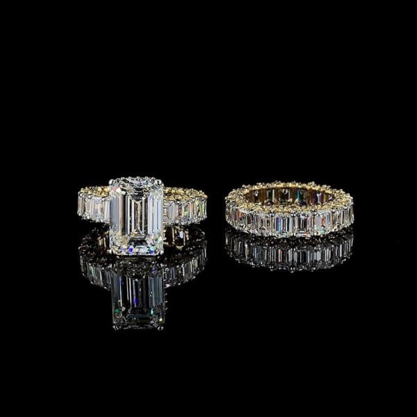 Iced Out Emerald Ring And Band Combo Made In 18 / 14 / 10 KT Gold Studded With Shinny Moissanite Diamonds For Birthday And Anniversary Gift