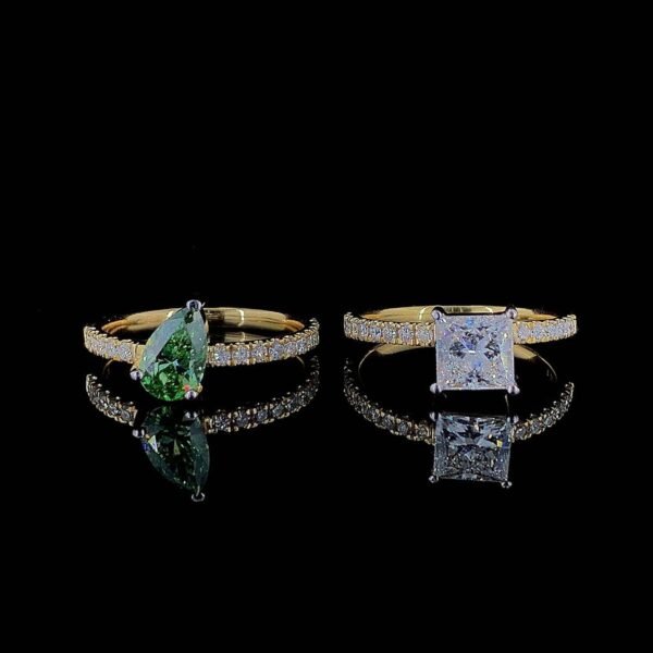 Luxury Green Pear & Princess Diamond Ring Combo Made In 18/14/10 KT Gold Studded With Certified Lab Diamonds For The Wedding Gift For Her