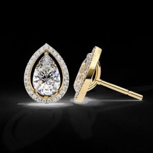 Elegant Drop Halo Pear Diamond Stud Earrings Made In 18/14/10 KT Gold Studded With Certified Lab Diamonds For The Anniversary Gift For Her